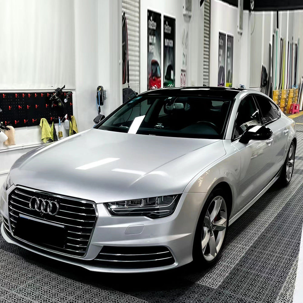 diamond silver metallic car wrap installed