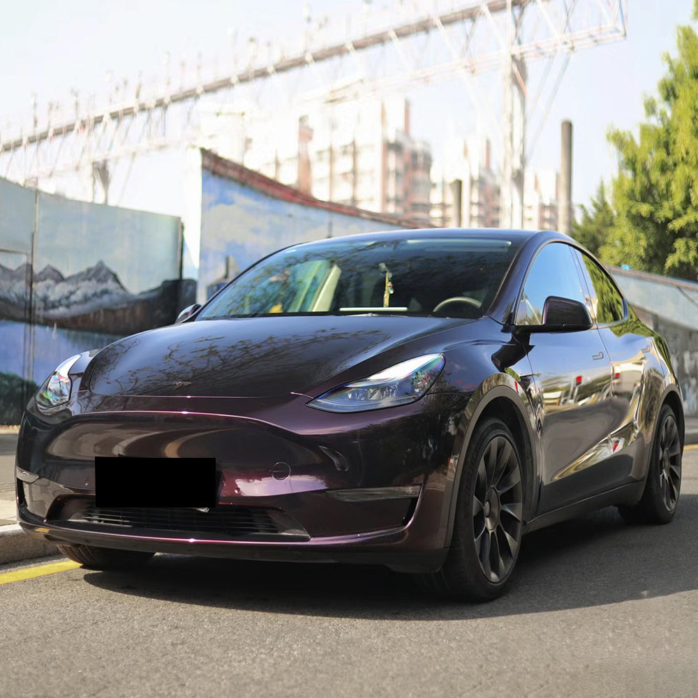 ghost midnight red car wrap on a tesla