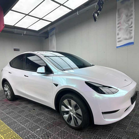 gloss aurora white car wrap under light