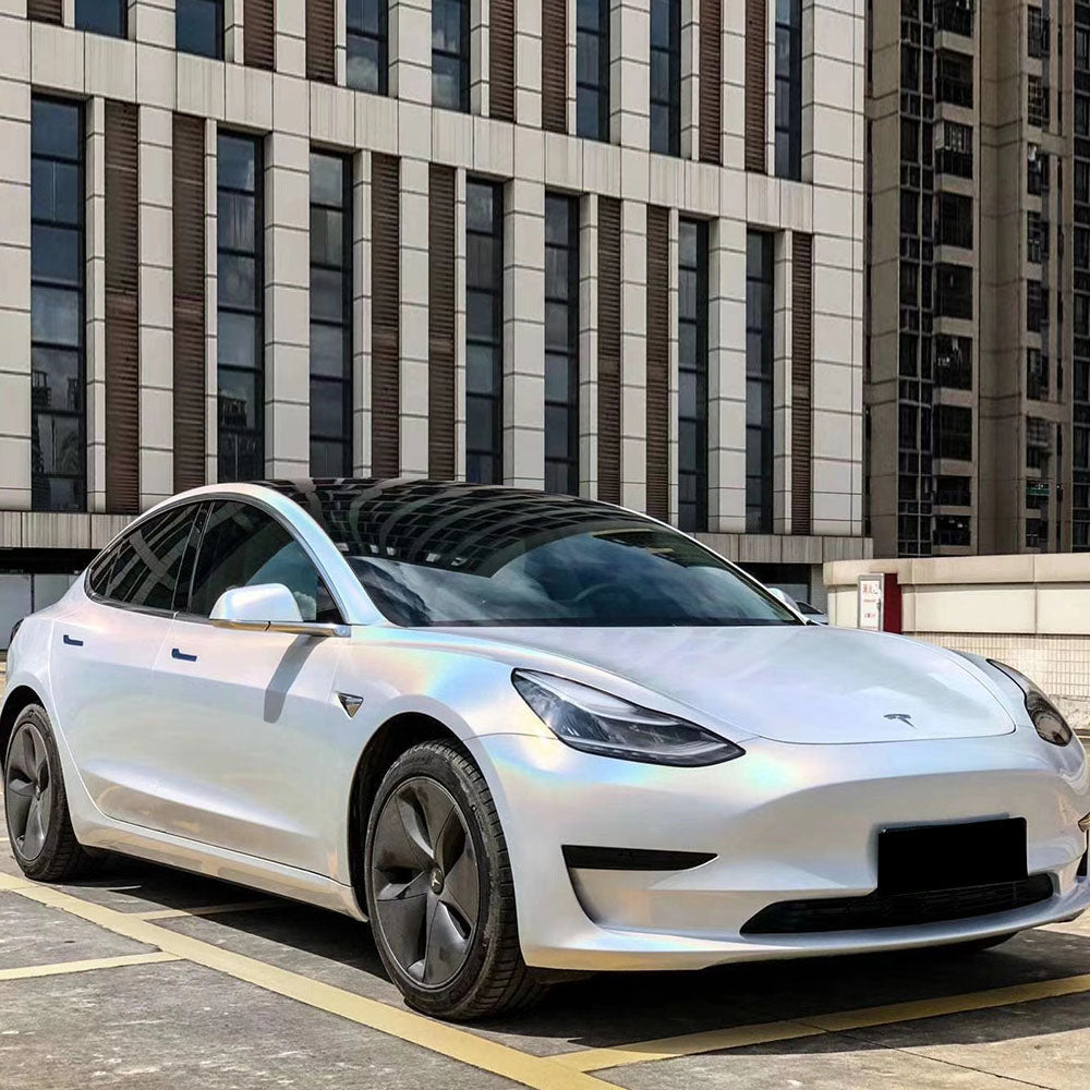 glossy iridescence laser white car wrap installed