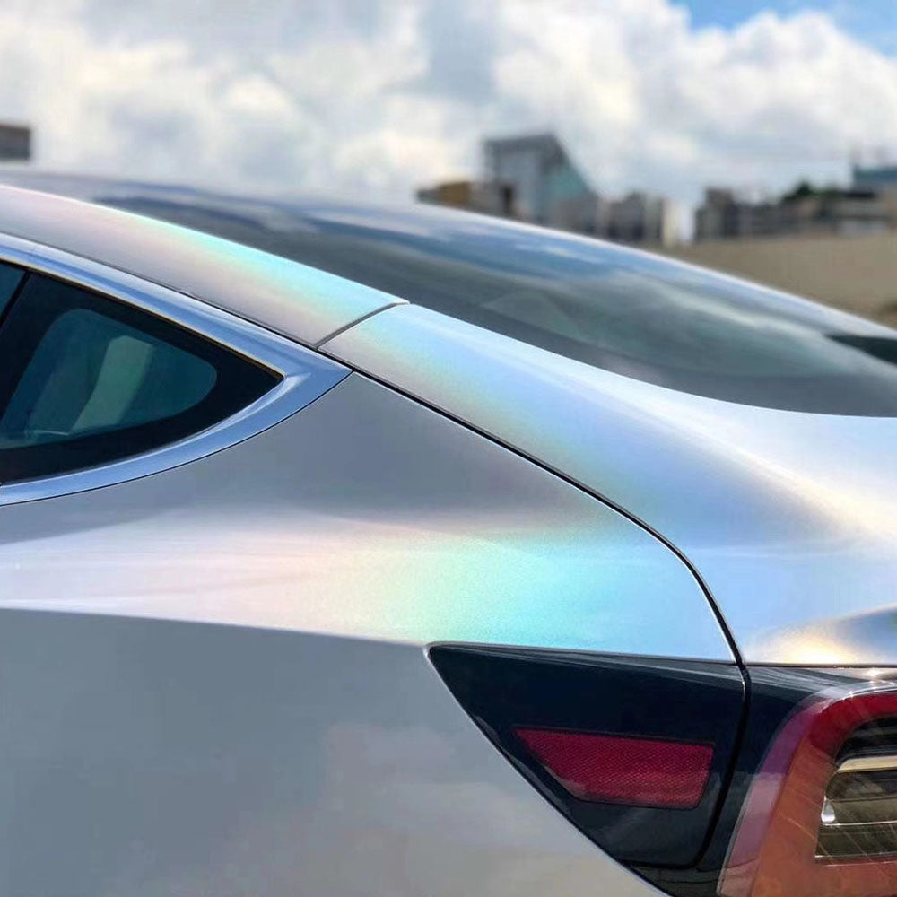 up close glossy iridescence laser white car wrap