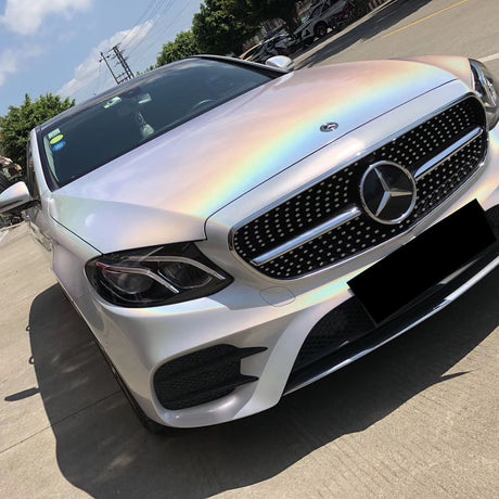 glossy iridescence laser white car wrap close up