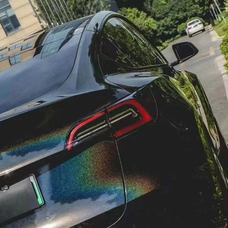 up close look at laser black glossy metallic car wrap