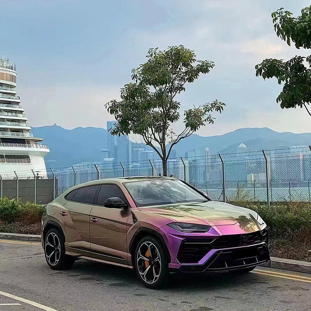 magic colored purple car wrap on a lamborghini