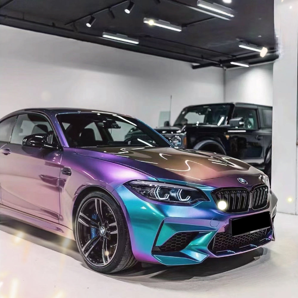 magic spectral blue car wrap on a bmw