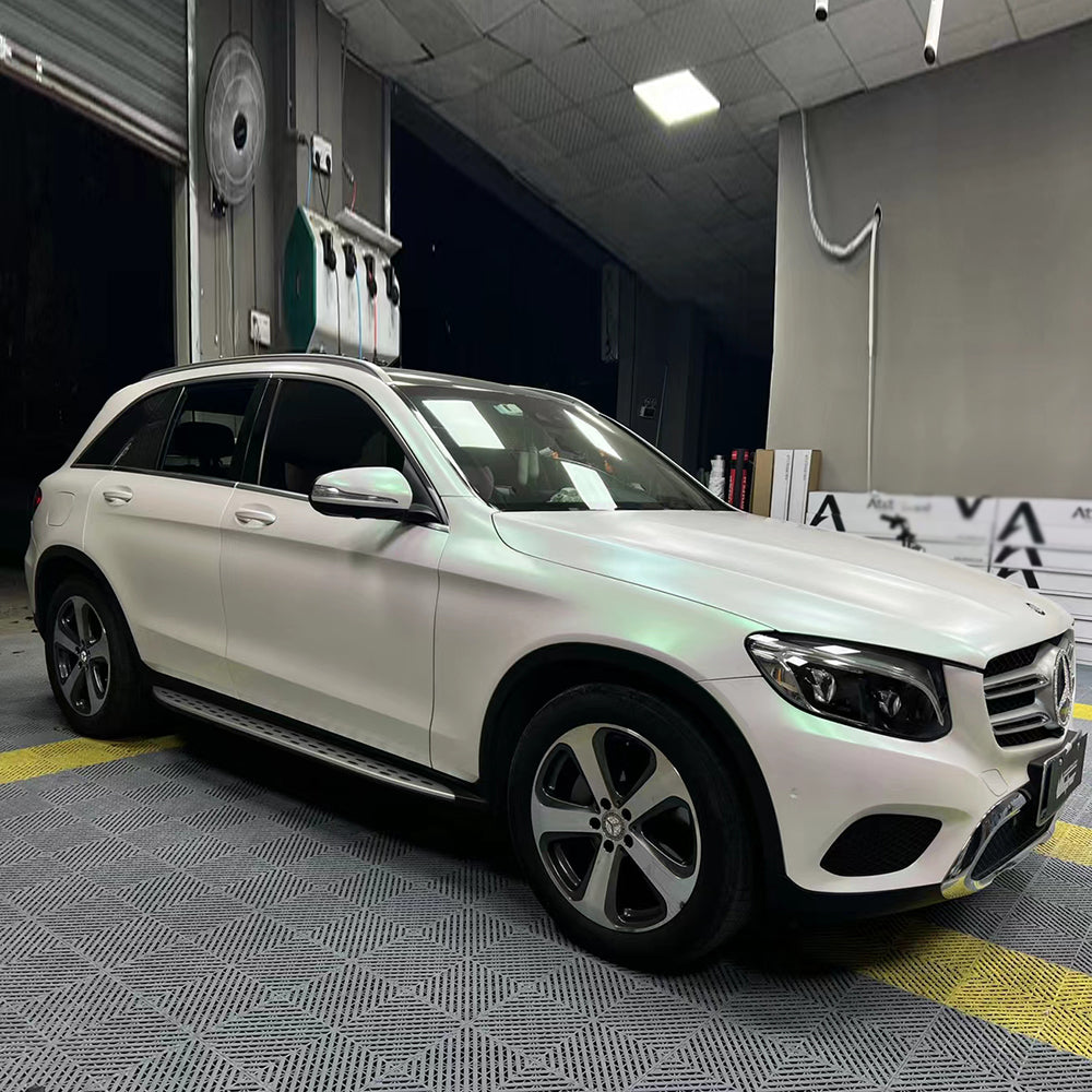 matte aurora white car wrap on a suv