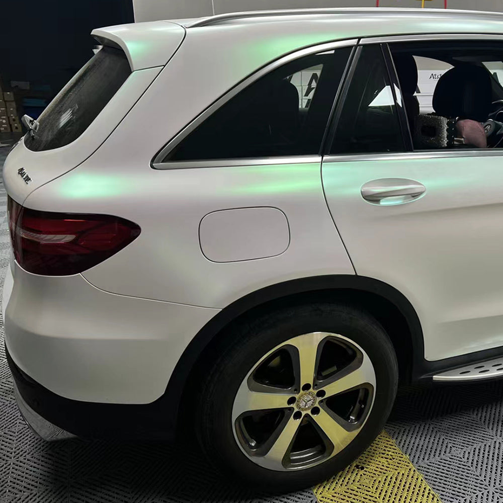 matte aurora white car wrap close up
