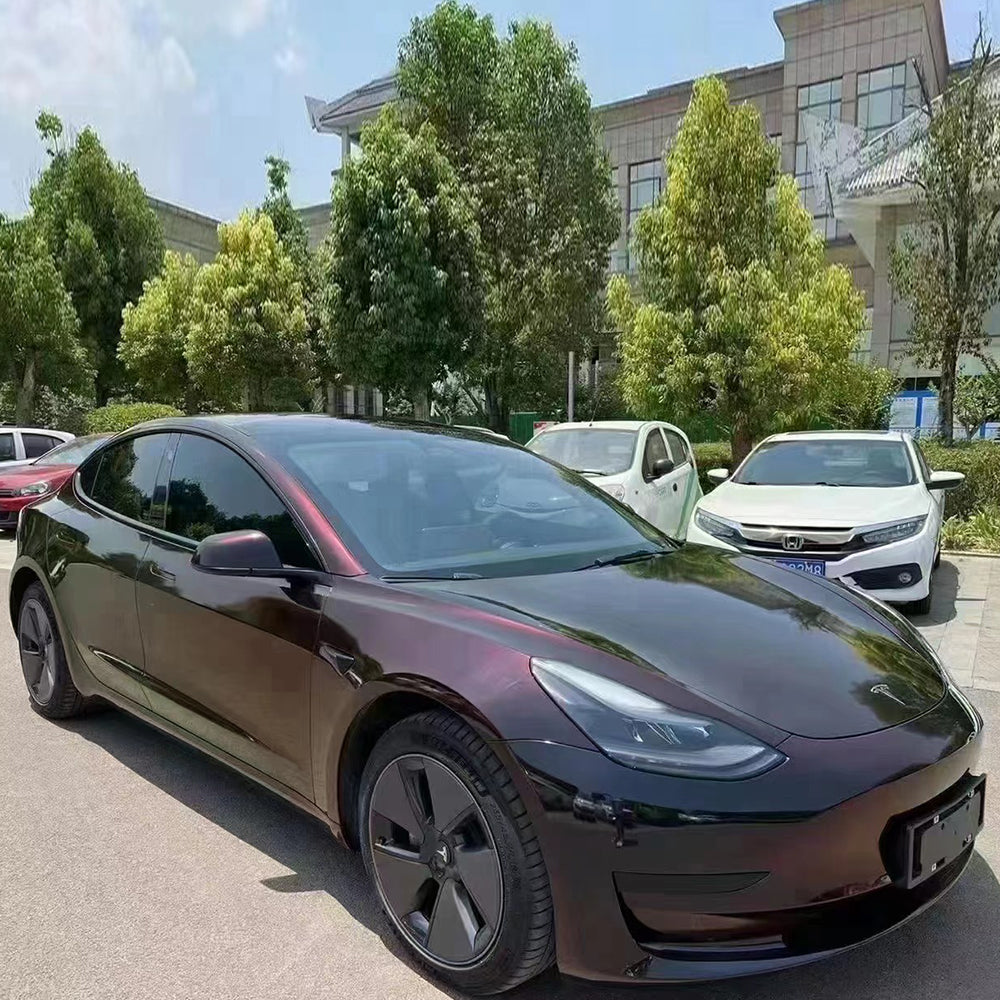 glossy black red color shifting car wrap