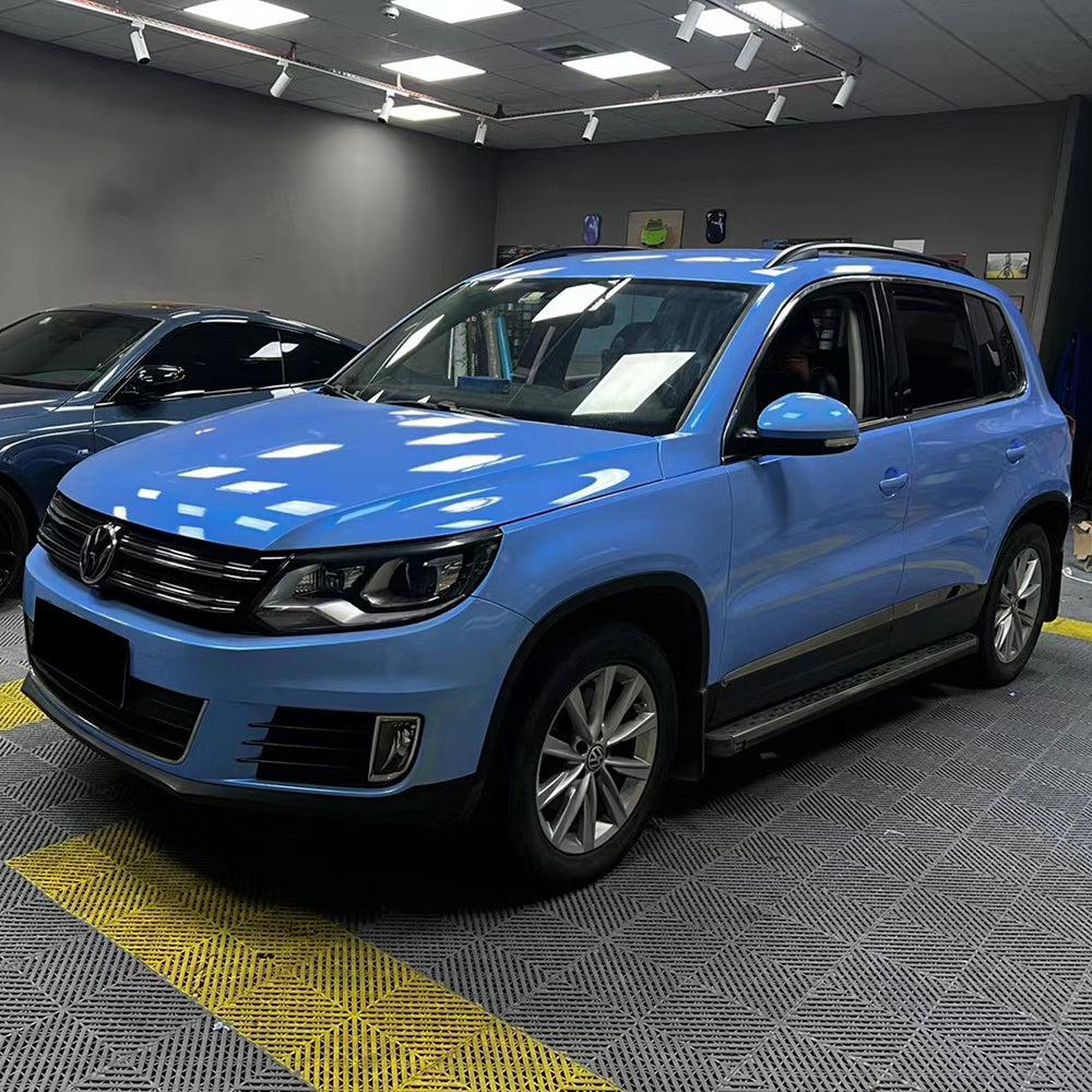 twin grey cyanine blue car wrap installed