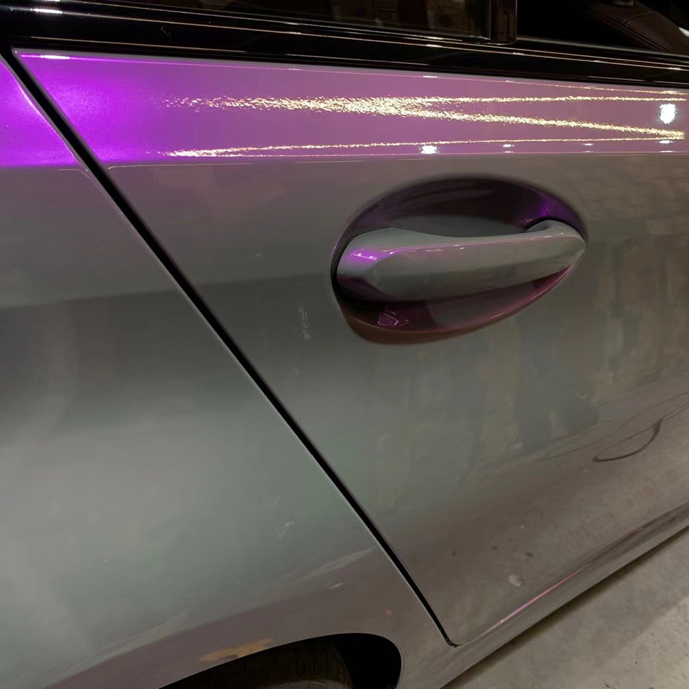 upclose shot of twin grey purple car wrap