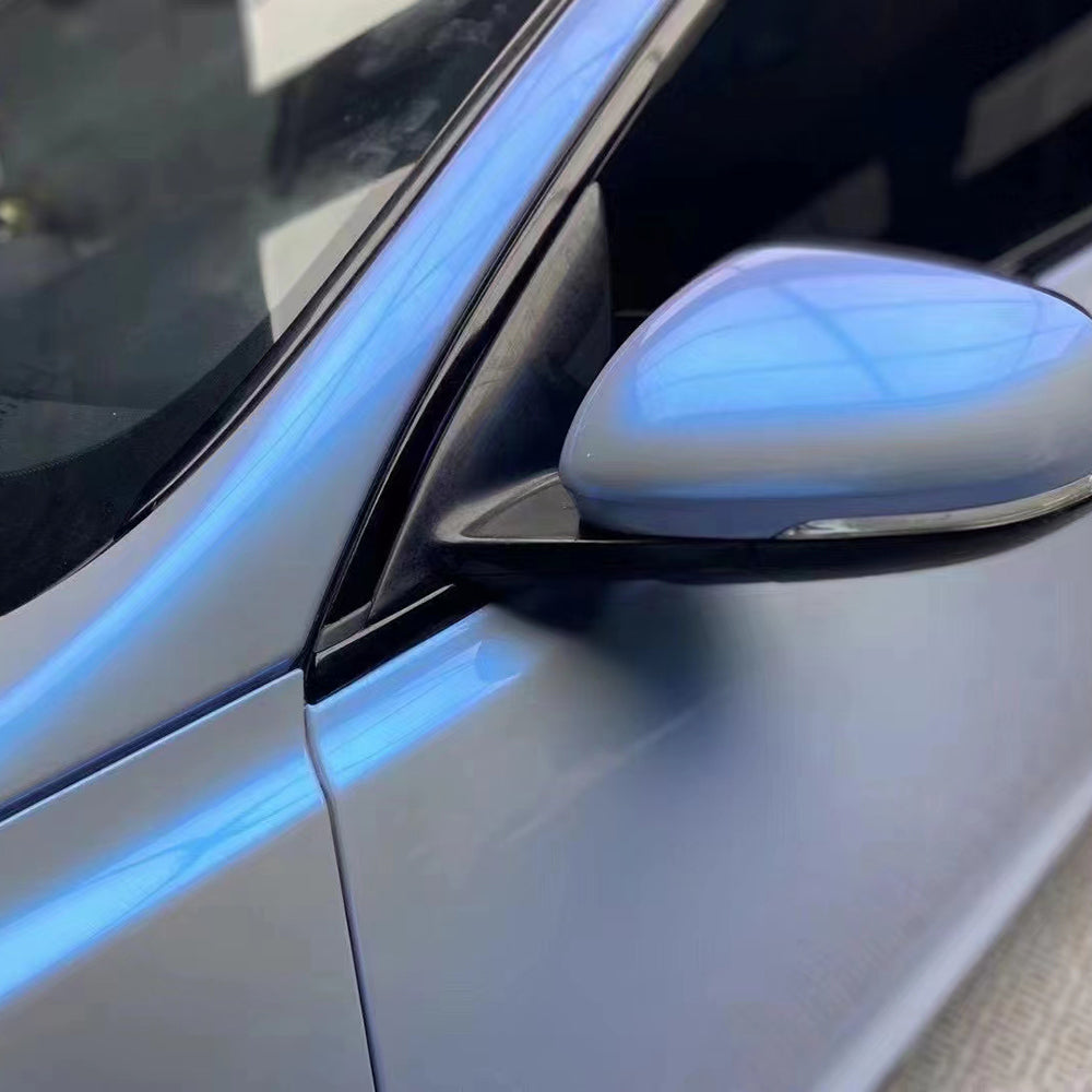 close up of twin shiny grey car wrap