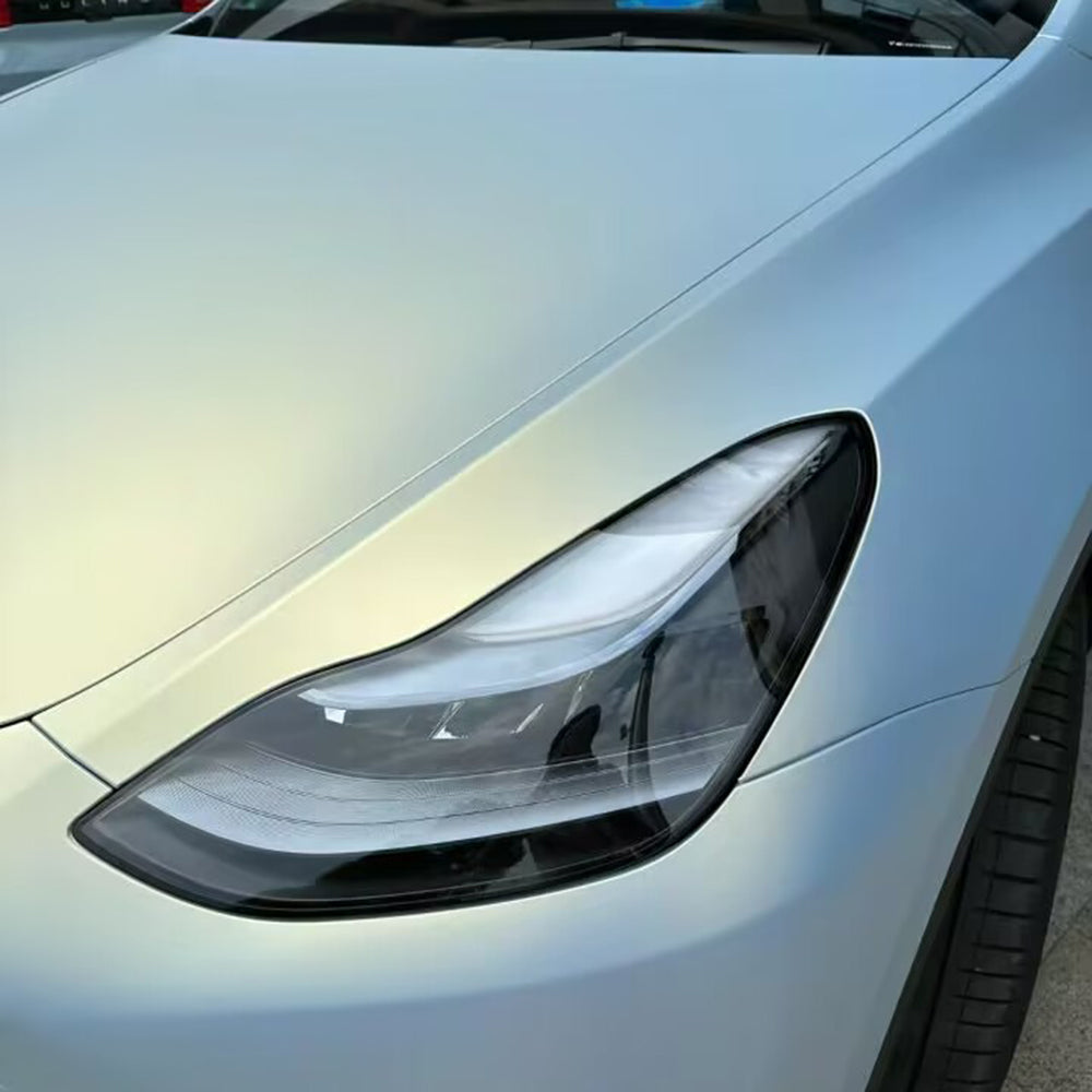 front corner close up of a car wrapped in ultra matte gold blue car wrap