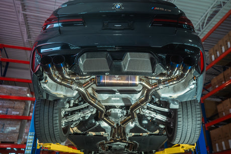 valvetronic designs titanium exhaust system installed on a f90 bmw m5