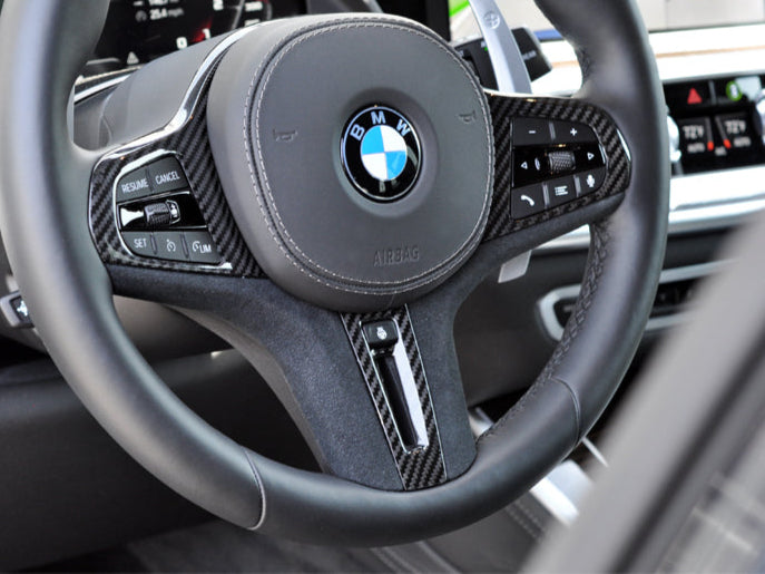 carbon fiber and alcantara bmw g8x m2 m3 m4 steering wheel trim by autotecknic