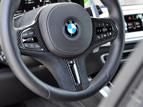 carbon fiber and alcantara bmw g8x m2 m3 m4 steering wheel trim by autotecknic