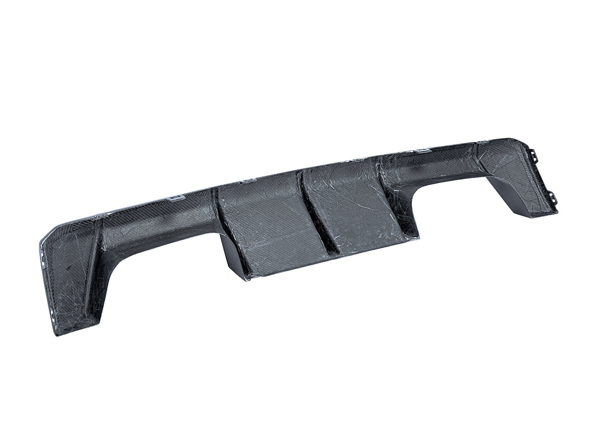 back side of dry carbon fiber motorsport rear diffuser by autotecknic for bmw m3 g80 g81 and bmw m4 g82 g83