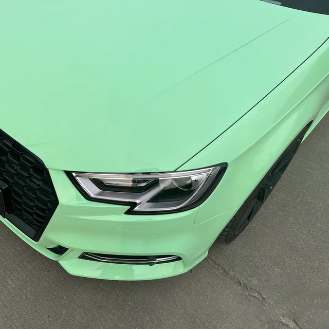 up close shot of gloss hazy green car wrap
