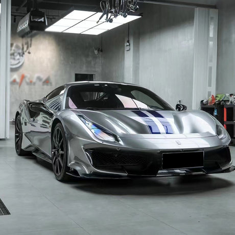 liquid silver car wrap on a ferrari