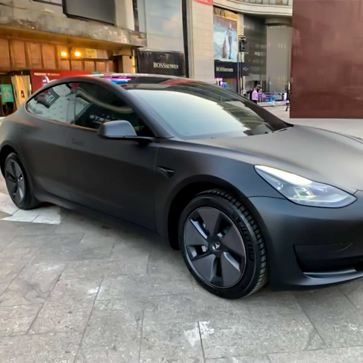 matte black wrap on a tesla