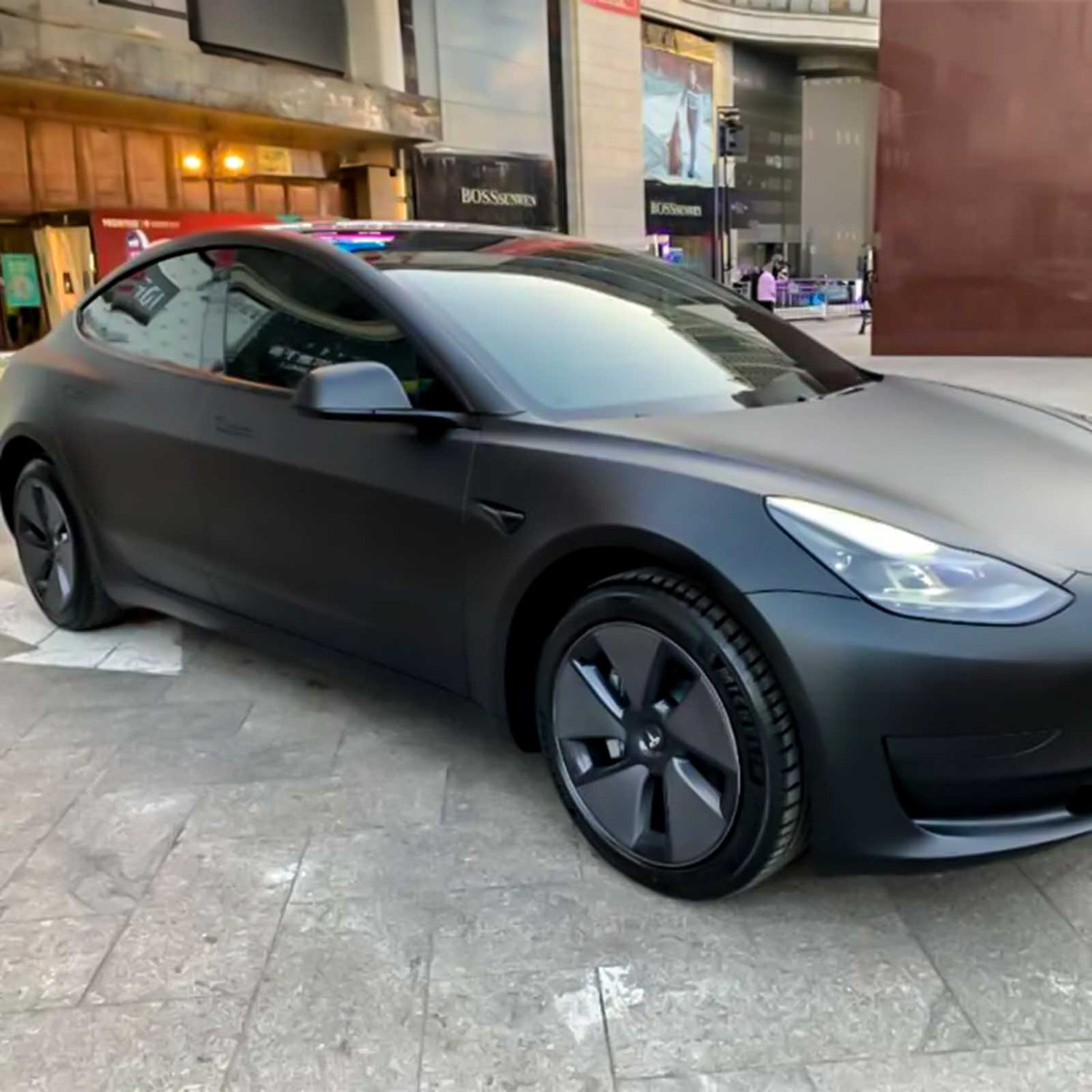 matte black wrap on a tesla