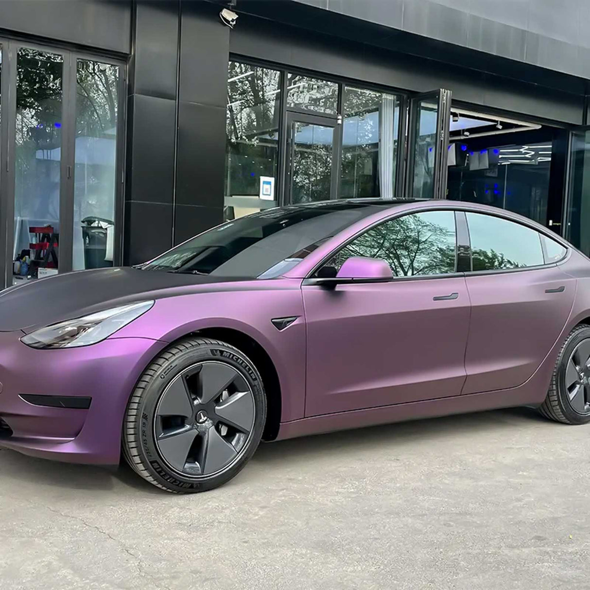 matte purple auto vinyl on a tesla