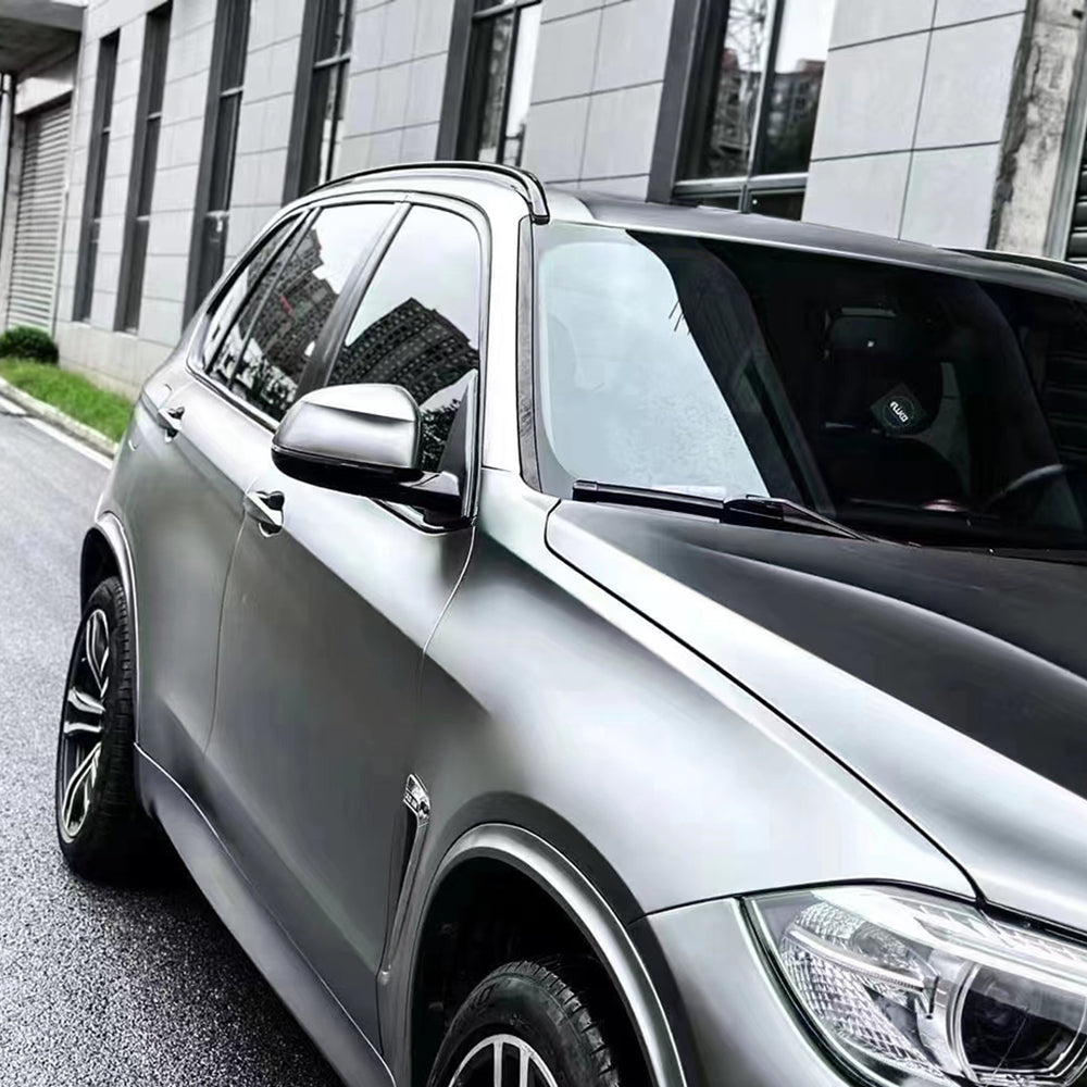 matte liquid silver car wrap shown in overcast