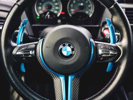 color matched painted bmw f8x steering wheel blue trim by autotecknic