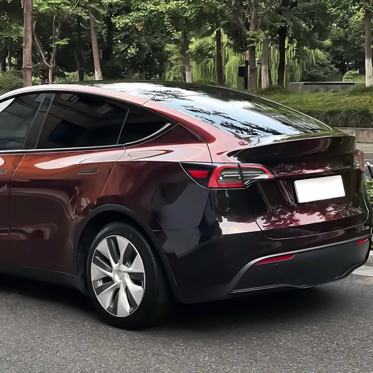 phantom red car wrap on a tesla model y
