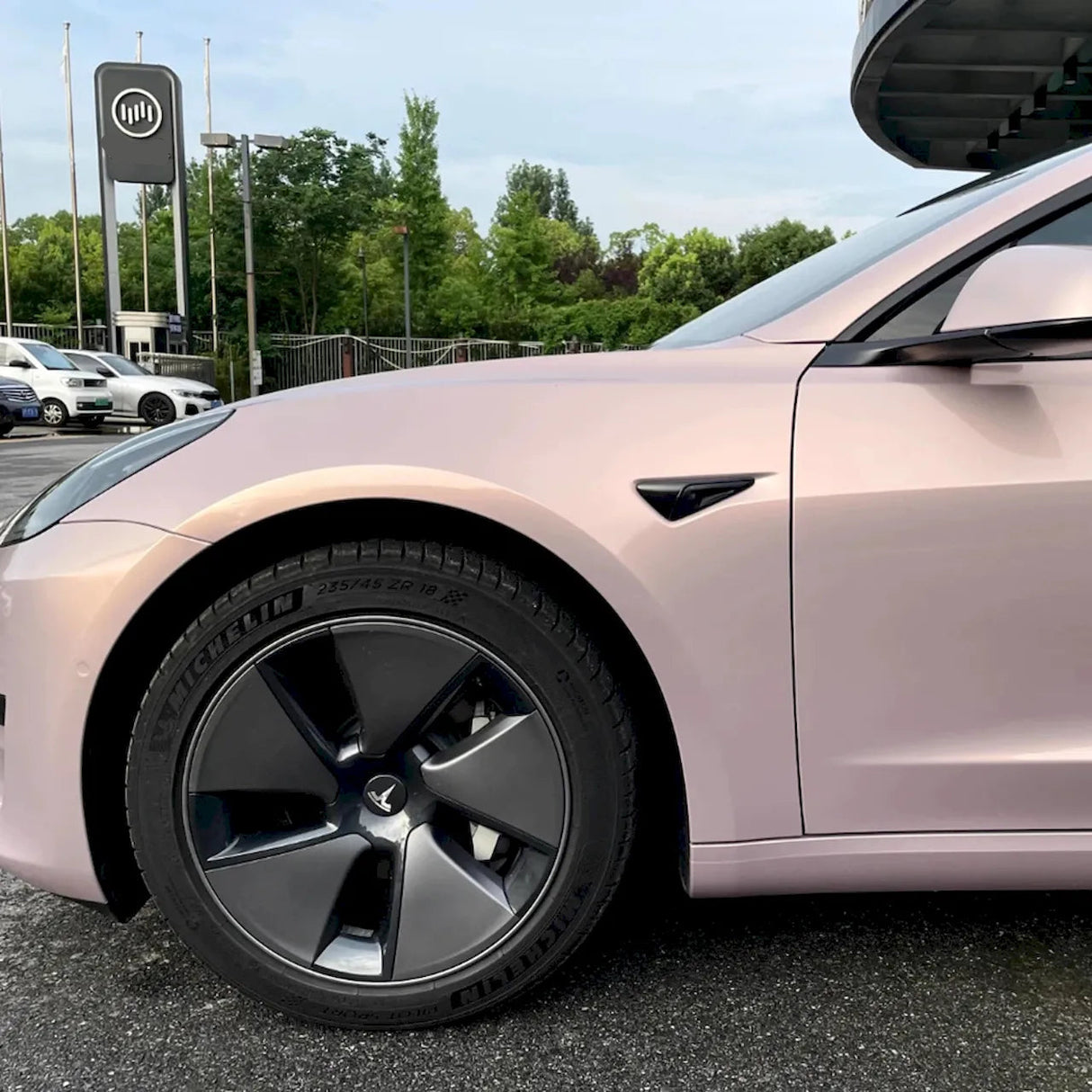 rouge pearl pink car wrap on a vehicle