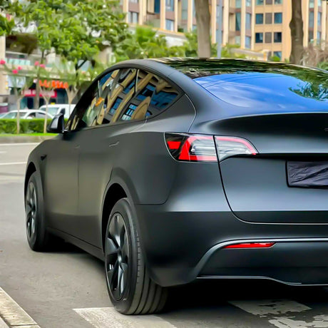 satin black vehicle wrap shown on a tesla model Y