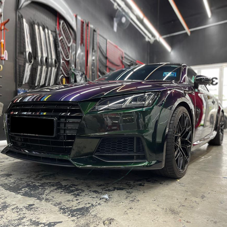 demon green sparkling chameleon color changing car wrap from green to purple
