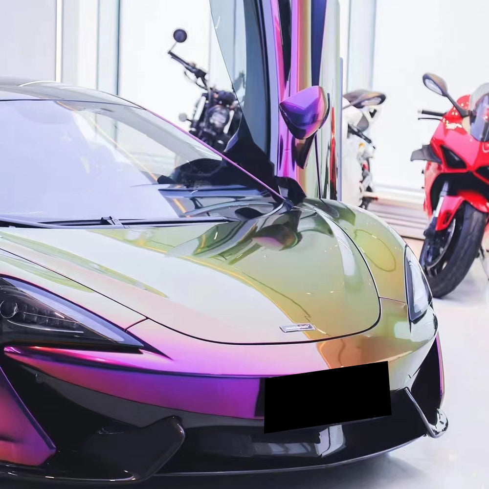 magic colored purple car wrap on a supercar