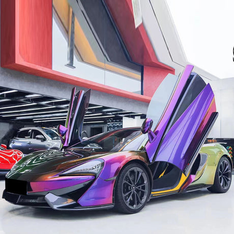 car wrapped in magic colored purple car wrap