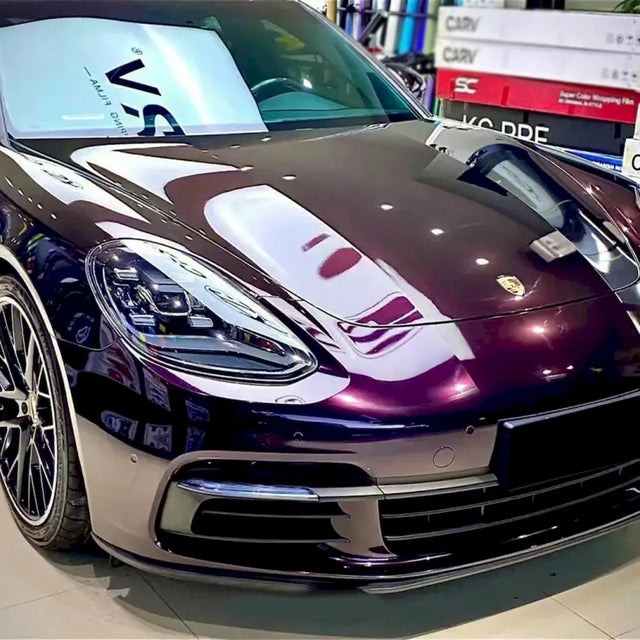 amethyst purple car wrap on a porsche
