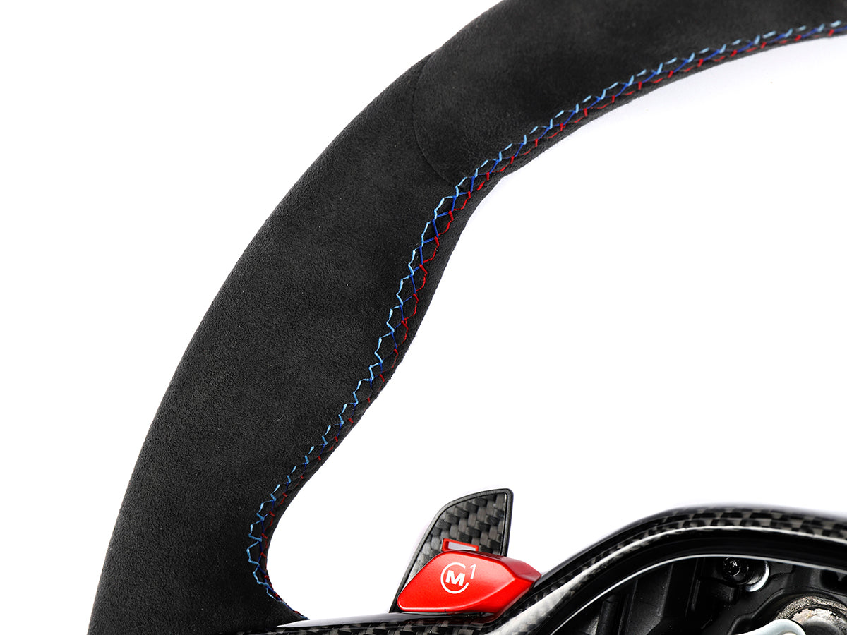up close look at alcantara steering wheel for bmw m2 m3 and m4 G8X by autotecknic