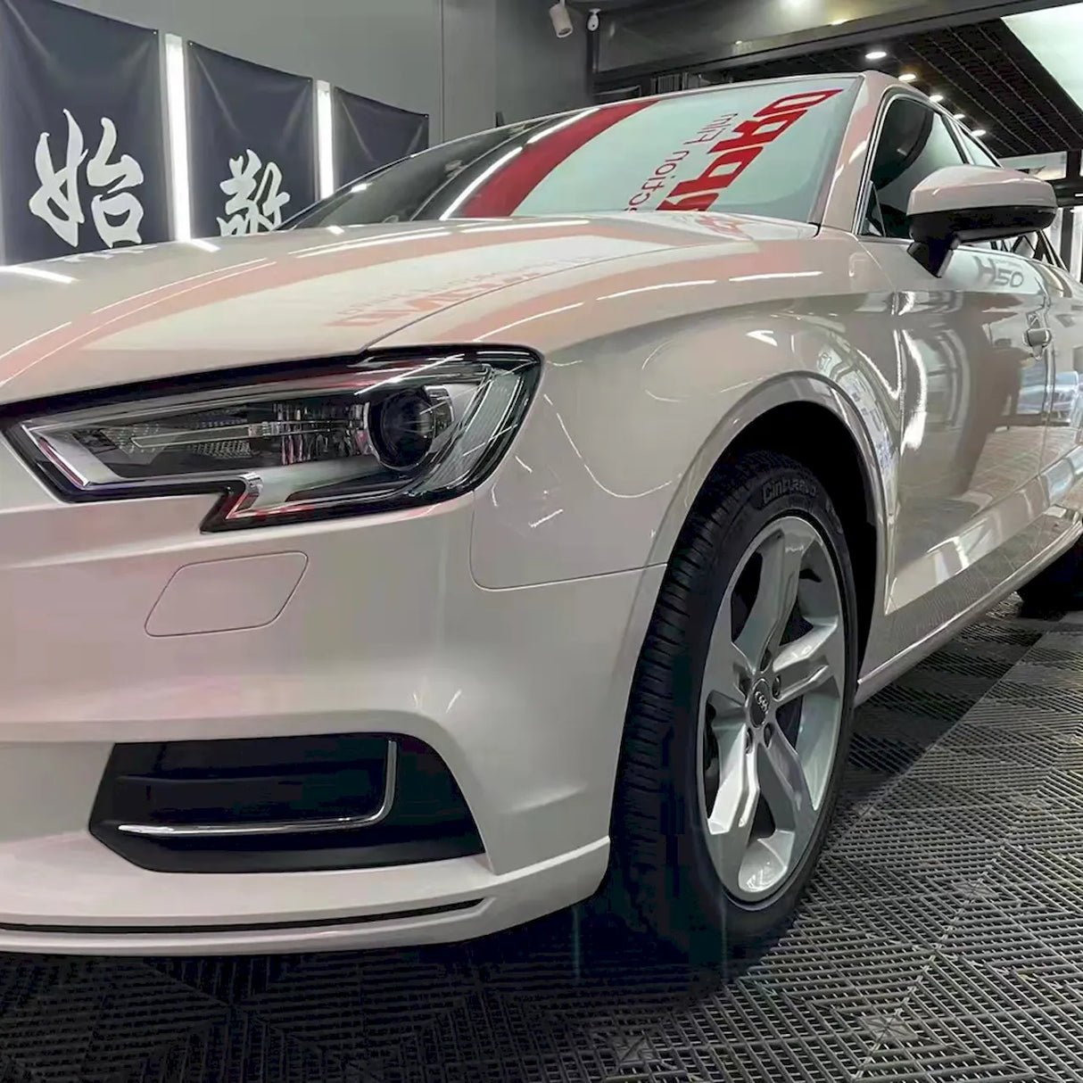 installation of diamond pollen sparkling pink car wrap
