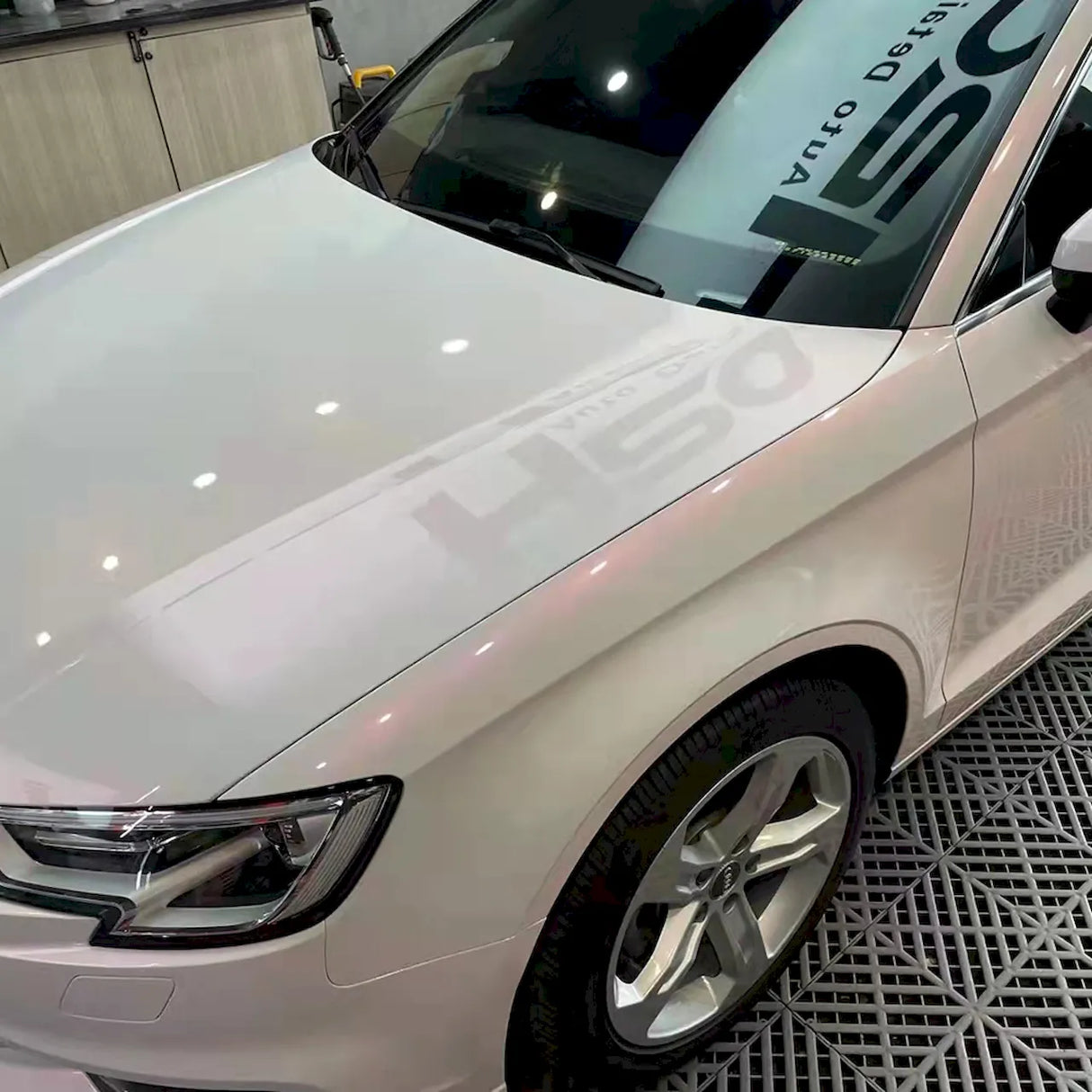 diamond pollen pink car wrap installation