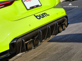 close up look at bmw m4 g82 carbon fiber rear performante diffuser by autotecknic