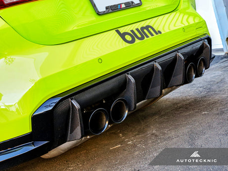 close up of bmw m4 g82 carbon fiber rear performante diffuser by autotecknic
