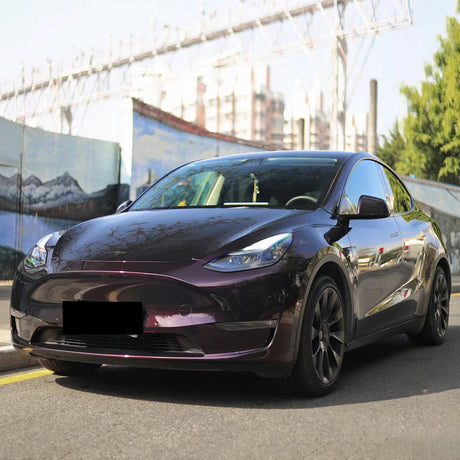 ghost midnight red car wrap on a tesla