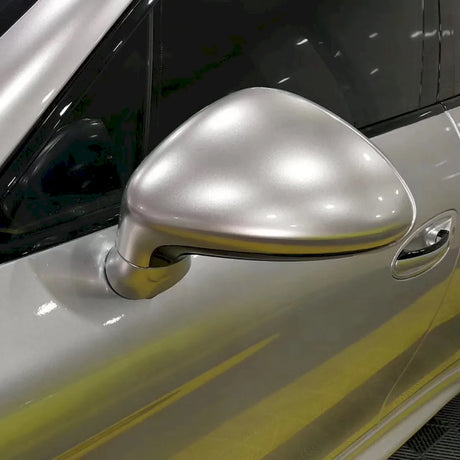Up close shot of gloss silver car wrap