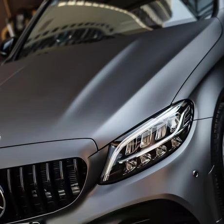 matte amg grey car wrap on a mercedes