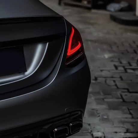 matte amg grey car wrap close up shot in the evening