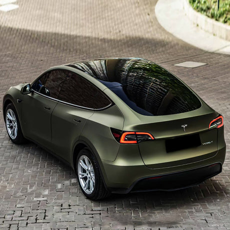 matte lightning green brown car wrap on a tesla