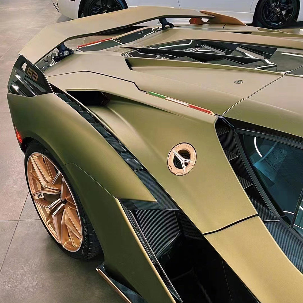 close up look of matte lightning green brown car wrap