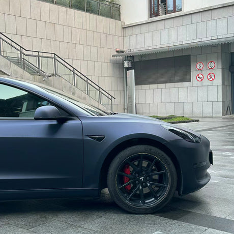 close up look of matte black blue car wrap