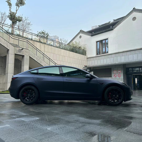 matte black blue car wrap side profile