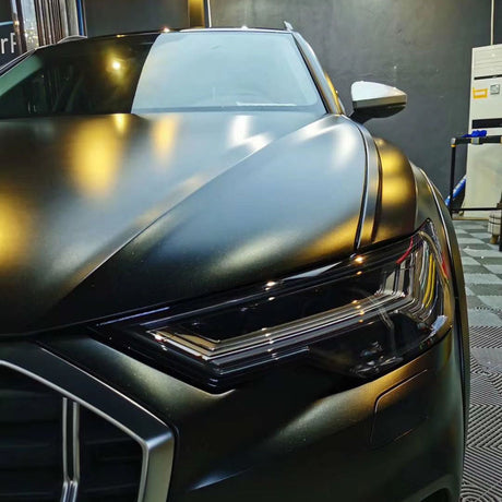 matte black car wrap up close look