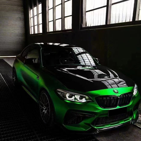 matte chrome green car wrap in a shade