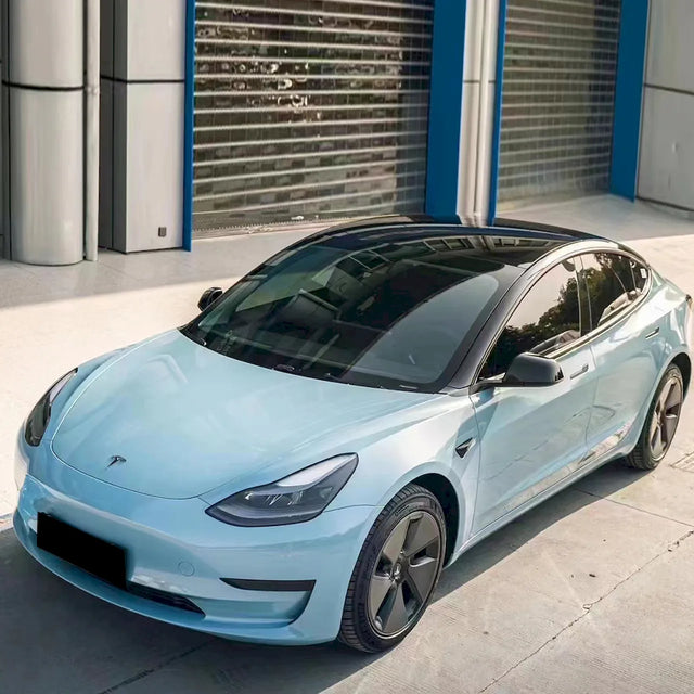 car wrapped in metallic ice blue wrap